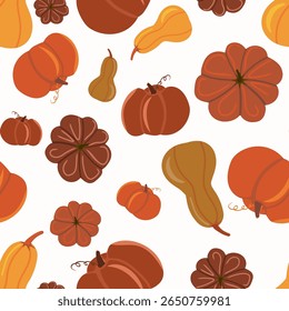 Seamless bright pumpkin pattern on a white background. Flat vector design in warm autumn colors, ideal for fall decor, autumnal textiles, and seasonal baby clothes.