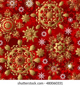 Seamless bright red christmas pattern with gold ornate snowflakes, vector background