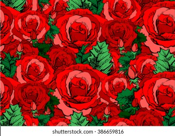 Seamless bright red colors realistic freehand floral pattern with roses, watercolor ink style. Textile, print vector illustration design for love and garden.