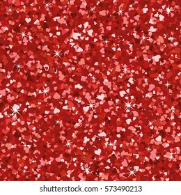 Seamless bright red glitter texture. Shimmer hearts love background. Vector illustration