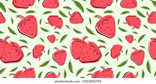 Seamless bright red and light green pattern with strawberries for fabric, drawing labels, print on t-shirt, wallpaper of children's room, fruit background. Berries doodle style background.