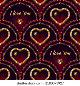 Seamless bright red pattern with fan shaped grid, gold chains, buttons, heart shaped frame, thin color rays inside of grid cell. Text I love you. Classic luxury background.