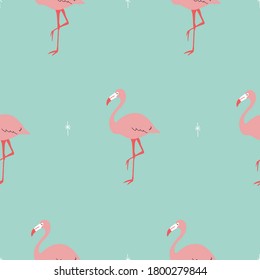 Seamless bright repeat vector retro pink and teal tropical flamingo pattern with retro stars.