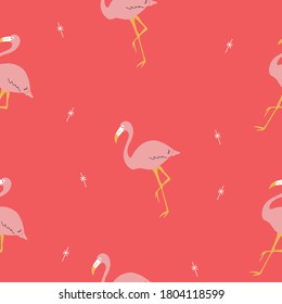 Seamless bright repeat vector retro pink and red tropical flamingo and banana pattern with retro stars.