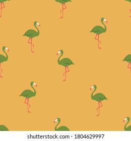 Seamless bright repeat vector retro gold yellow and green tropical flamingo pattern