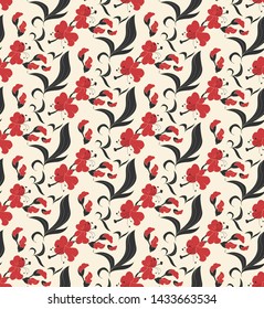 Seamless bright retro floral vector pattern red hibiscus flowers and dark green leaves on light yellow background 