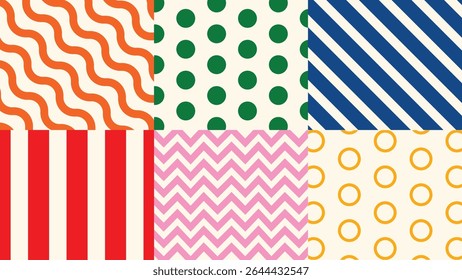 Motifs harmonieux et lumineux rétro - texture ondulée, rayée, à pois et chevron dans un style coloré et audacieux pour envelopper papier, affiches, création pour enfants et arrière-plans