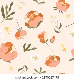 Seamless bright scandinavian floral pattern with pions. Spring and summer abstract concept great for fabric, textile. Vector illustration.