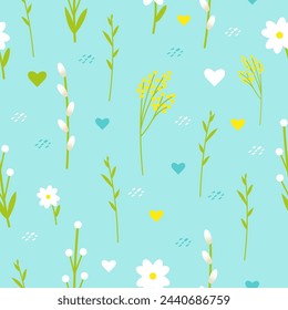 Seamless bright spring floral vector pattern. Background with small plants, daisy flowers, sprigs, mimosa, willow, leaves, hearts. 
