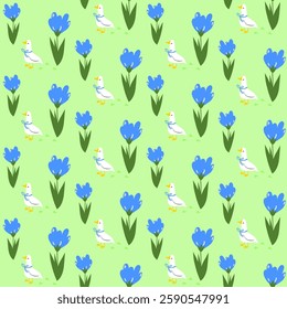 Seamless bright spring floral vector pattern with white goose or duck bird. Background with crocus flowers, leaves. 
