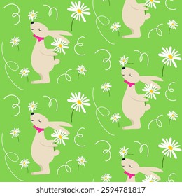 Seamless bright spring floral vector pattern, background with cute Easter bunny and daisy flowers.

