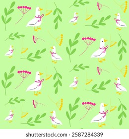 Seamless bright spring, summer or autumn floral vector pattern with white goose or duck bird. Background with small plants, flowers, berries, leaves. 
