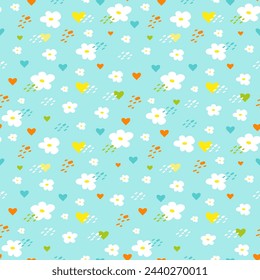 Seamless bright spring or summer floral vector pattern. Background with small plants, daisy flowers, hearts, dots. 
