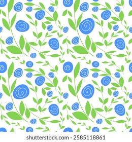 Seamless bright spring or summer floral vector pattern. Background with small plants, blue myosotis flowers, leaves. 
