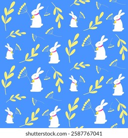 Seamless bright spring, summer floral vector pattern with white rabbit or Easter bunny . Background with cute animal, small plants, flowers, berries, leaves. 
