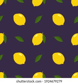 Seamless bright spring and summer pattern with lemon and slices on a dark background. A set of citrus fruits for a healthy lifestyle. Vector flat illustration of healthy food