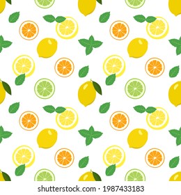 Seamless bright spring and summer pattern with lemon, tangerine, orange and lime and mint slices and leaves. A set of citrus fruits for a healthy lifestyle. Vector flat illustration of healthy food