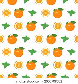 Seamless bright spring and summer pattern with oranges and slices on a white background. A set of citrus fruits for a healthy lifestyle. Vector flat illustration of healthy food