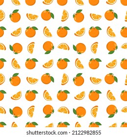 Seamless bright spring and summer pattern with oranges and slices on a white background. A set of citrus fruits for a healthy lifestyle. Vector flat illustration of healthy food