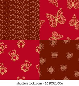 Seamless bright structures. Golden figures of flowers and hearts, butterflies and bears on a red background. Patterns for printing on fabrics and paper.
