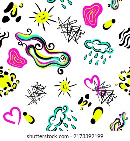 Seamless bright summer abstract pattern in pink, yellow, turquoise, and black. It has bright stains, spots, sunshine, a cloud, a heart, and lines drawn on it. Vector