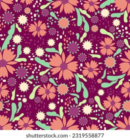 Seamless bright summer floral vector pattern. Surface design with small plants: flowers, leaves, buds.