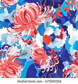 Seamless bright summer pattern with different flowers blue and red