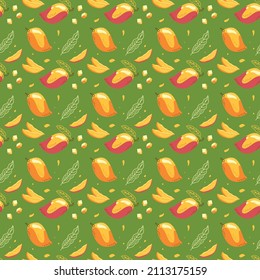 Patrón veraniego brillante sin foco de mangos maduros sobre un fondo verde. Ilustración de vectores para fondo, impresión, papel de embalaje