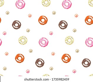 
Seamless bright tasty pattern with colorful donuts for packaging design textiles