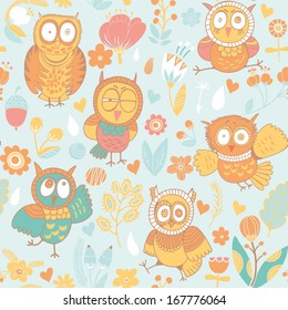 Seamless bright texture with cartoon owls and flowers. Seamless pattern can be used for wallpaper, pattern fills, web page background,surface textures. Gorgeous seamless floral background.