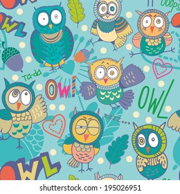 Seamless bright texture with cartoon owls and flowers. Seamless pattern. Gorgeous seamless floral background.