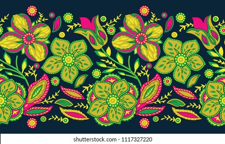 Seamless bright tribal floral border