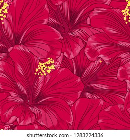 Seamless bright tropical background with a paradise exotic hibiscus flower.