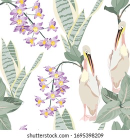 Seamless bright tropical pattern with palm leaves, philodendron leaf, monstera, violet orchid flower and pelican bird. Modern colorful  background.