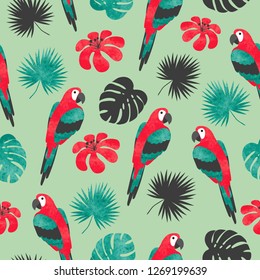 Seamless bright tropical pattern with watercolor parrots and palm leaves.