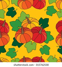 Seamless bright vector background with decorative pumpkins Happy Halloween