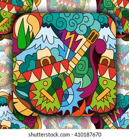 Seamless bright vector pattern with hand-drawn doodle Mexican elements. 