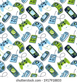 Seamless bright vector pattern with joysticks. Video game controller gaming cool print for boys and girls. Print for textiles, sportswear.