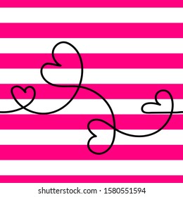 Seamless bright vector pattern with Outline hearts. Line art of a heart on a pink white striped background. Continuous wavy line forming a heart. Cute, gentle Symbol of love, Valentines day, weddings
