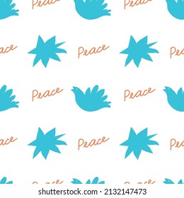 Seamless bright vector pattern with a Peace message. No war repeating ornament on transparent background in doodle style. Design for wrapping paper, fabric, packaging, textiles, wallpaper.  