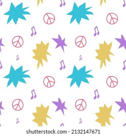 Seamless bright vector pattern with a Peace message. No war repeating ornament on transparent background in doodle style. Design for wrapping paper, fabric, packaging, textiles, wallpaper.  