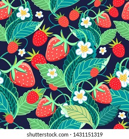 Seamless bright vector pattern with strawberries and berries on a dark background. Sample design for a fabric, poster or web page.