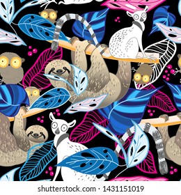 Seamless bright vector tropical pattern of lemurs and sloths among the leaves and berries. Template for fabric, poster or web page.