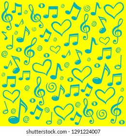 Seamless Bright Yellow Pattern with blue Music Notes and hearts. Colorful Background. Perfect for wallpapers or backgrounds. Vector Illustration