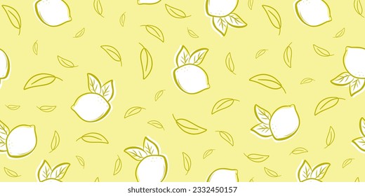 Seamless bright  yellow pattern with delicious lemons drawn with one line and flat background for fabric, drawing labels, print on t-shirt, wallpaper of children's room, fruit background.