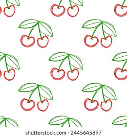 Seamless brightly colored pattern with juicy cherries hand drawn drawing. Linear doodle cherries vector. Seamless background for wrapping paper.