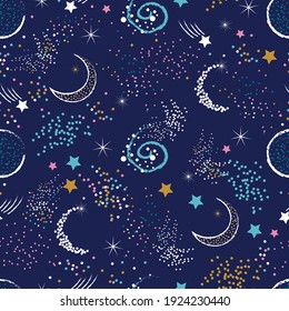 Seamless brightspace pattern with moon, crescent, galaxy and stars. Vector childrens illustration