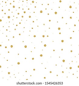 Seamless brilliant glitter pattern. Gold shiny Sparkles isolated on white background. Round sparkling random festive confetti. Trendy Vector stock illustration for design of the holidays, Christmas