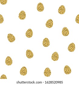 Seamless brilliant glitter pattern. Gold shiny Sparkles isolated on white background. Festive random sparkling egg confetti. Trendy Vector food stock illustration for spring Easter holidays egg hunt