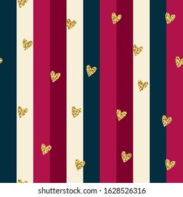 Seamless brilliant glitter pattern. Gold shiny Sparkles on blue, lilac striped background. Sparkling hearts random festive confetti. Trendy Vector stock illustration for Valentine's Day, weddings